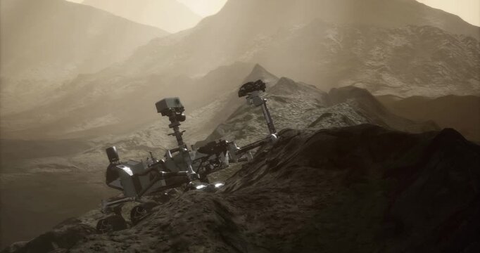 Curiosity rover navigates the rocky landscape of Mars during sunset, capturing the unique geology and atmospheric conditions of the planet. Scientific exploration continues.