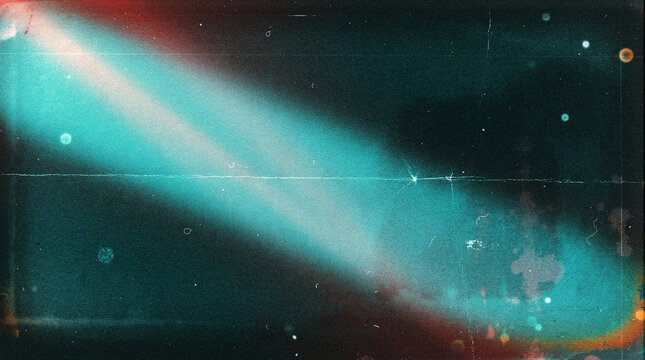 Cyan and Teal Light Leak Texture Overlay: Retro Film Burn Background with Dust, Scratches and Bokeh