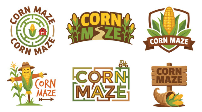 A vibrant assortment of corn maze logos ideal for fall festivals and agricultural events, showcasing playful styles with corn, farm elements, and seasonal themes.
