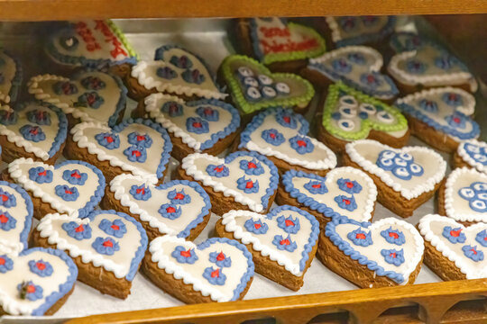 Bolesławiec, Poland - August 21, 2026 - Photo of heart shaped cookies that were offered at at the 32nd Bolesławiec Ceramics Festival