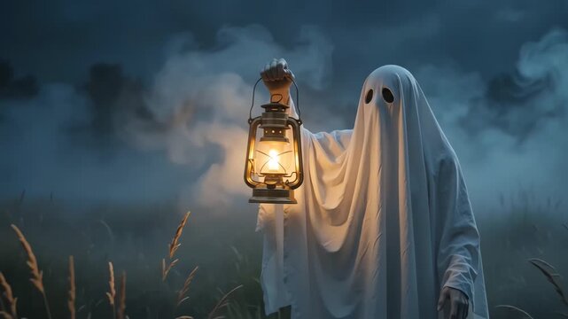 Spooky ghost figure wandering through misty field with glowing lantern