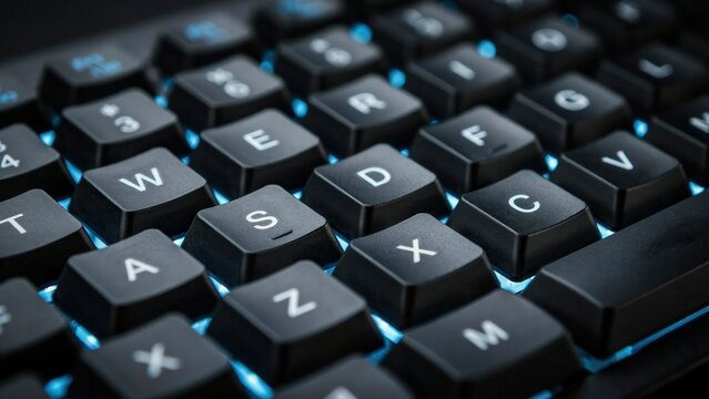 Close-up of a modern mechanical keyboard with glowing blue backlight under the keys. Great for gaming, typing, and technology backgrounds.