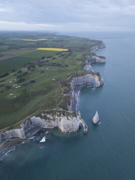 Aerial view, Aiguille d'Etretat, cliffs, chalk cliffs of Etretat, D&eacute;partement Seine-Maritime, Normandy, France