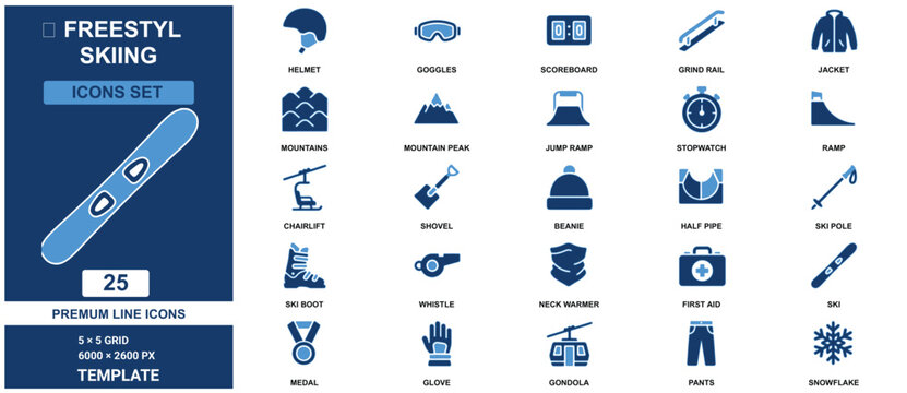 Freestyle skiing set template featuring blue line winter sports equipment and apparel symbols blue line ski equipment