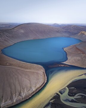Aerial view, crater lake with coloured rivers, near Skyggnisvatn, Iceland