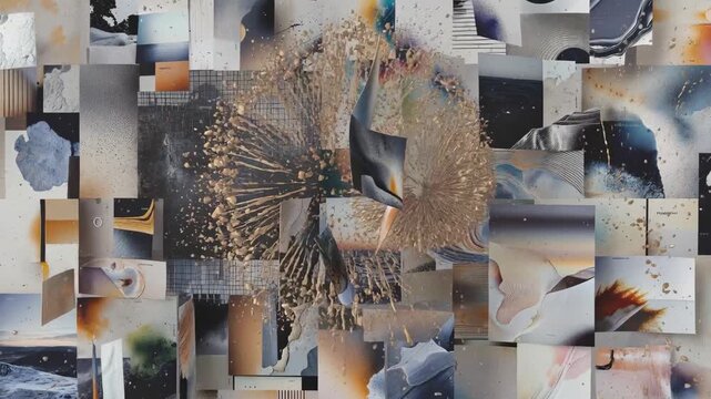 A collage of abstract art sheets with fluid textured style on neutral wall background, expressing creativity and modern design aesthetics