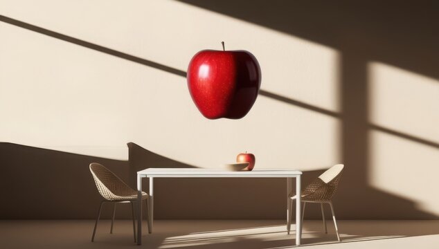 Floating red apple above minimalist kitchen table with dramatic sunlight and shadow play