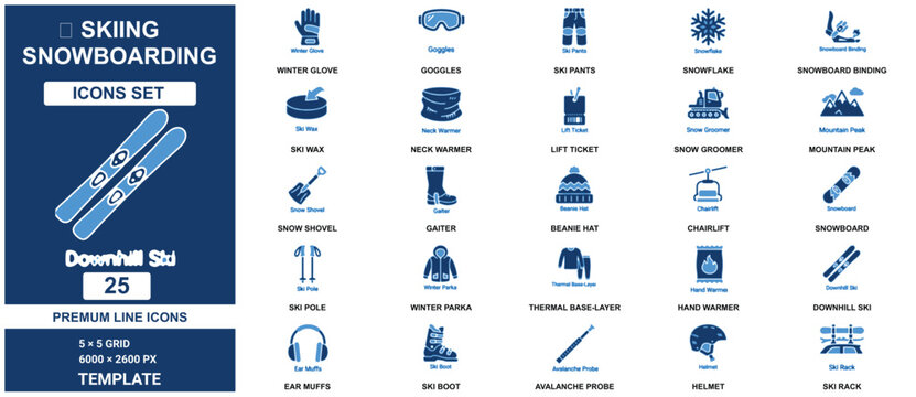 Skiing and snowboarding set template featuring blue and white symbols of winter mountain sports equipment