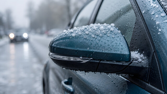Icy car side mirror covered with sleet and water droplets reflects freezing weather beside a snowy road with blurred traffic lights.