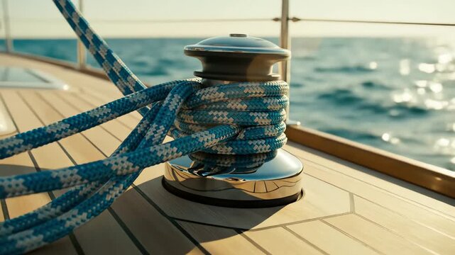 Blue rope on yacht winch with ocean background