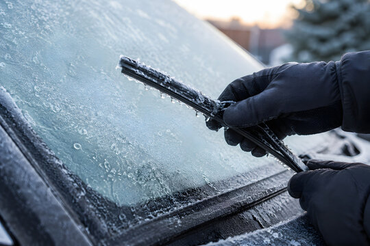 Gloved hand clears ice from a frozen windshield wiper to restore movement and visibility before driving in cold winter weather.