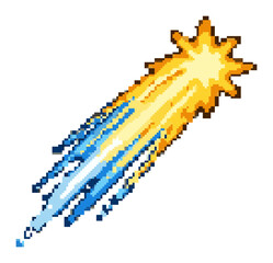 Pixel art vector illustration of a comet with fiery orange and blue ic © Senuko