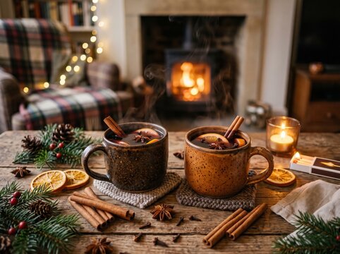 Cozy Winter Spiced Drinks by the Fireplace.