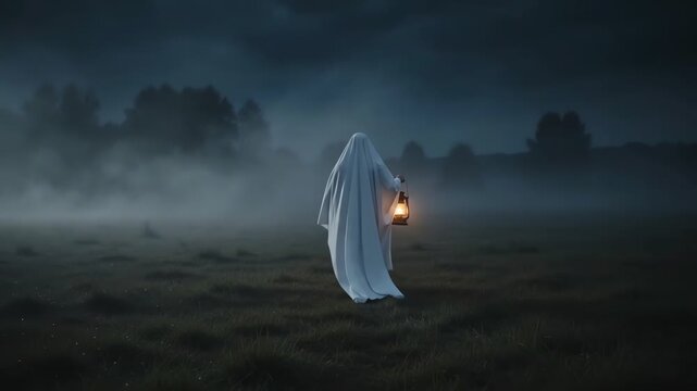 Ghostly figure walking through misty field with glowing lantern