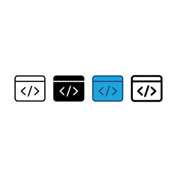 Set of four simple web development code editor icons in different styles for user interface design