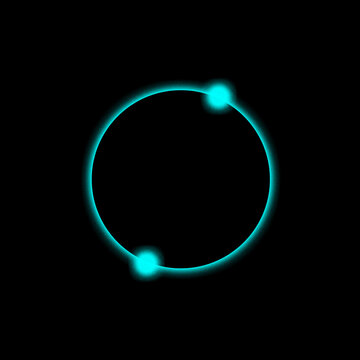 A glowing neon blue circular ring with two bright points of light isolated on a deep black background for abstract design