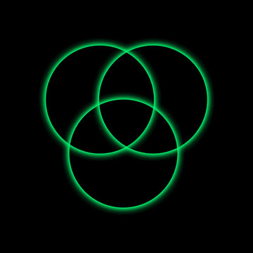 Abstract glowing green neon circles intersecting to form a geometric pattern isolated on a solid black background