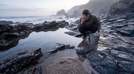 Fototapeta premium Beachcomber crouched at a tide pool inspecting a small sea shell