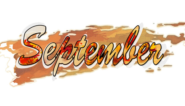 Autumn themed September typography design featuring cursive text filled with colorful fall leaves over a textured orange brush stroke background isolated on white.