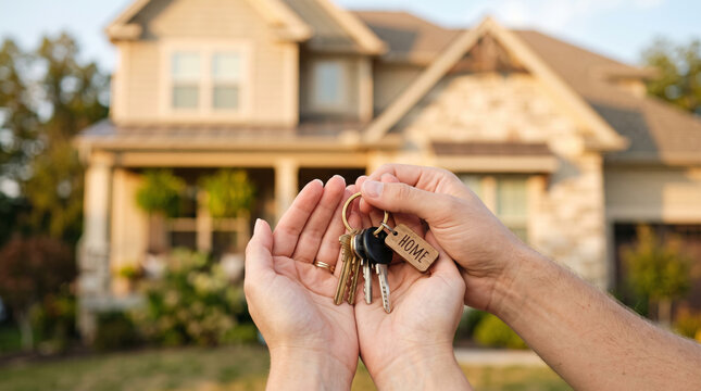 Hands holding keys with a home tag in front of a suburban house