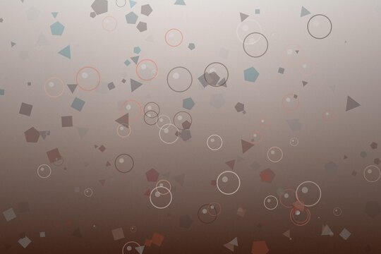 Soft brown gradient background with floating geometric shapes circles squares and triangles.