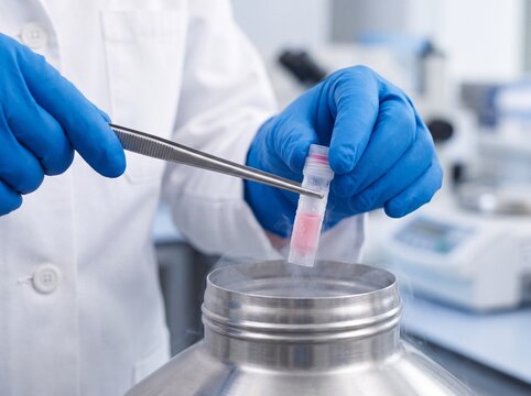 Researcher handling frozen cryovial with forceps above liquid nitrogen dewar