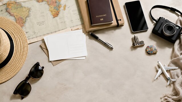 Travel planning flat lay concept with world map passport 