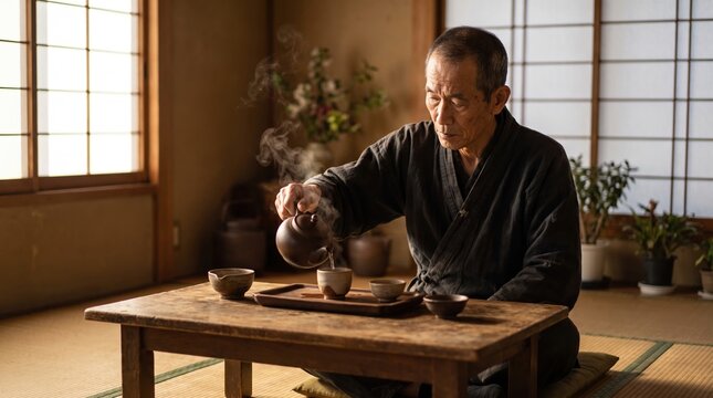 Elderly man pours steaming tea in a traditional room. A moment of mindfulness and quiet ritual reflects peaceful presence. Ideal for wellness, cultural heritage, or lifestyle content.