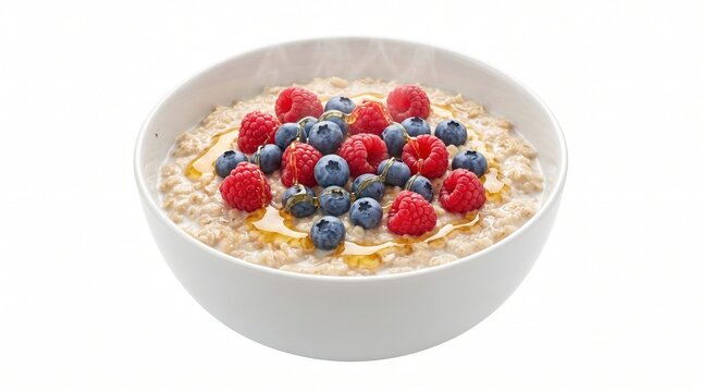 Steaming bowl of oatmeal topped with fresh raspberries, blueberries, and honey. A warm morning ritual focused on mindful nutrition and comfort. Perfect for wellness and healthy lifestyle content.