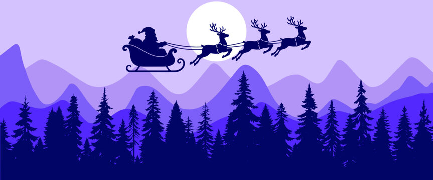 Santa sleigh flying over a snowy forest. Festive layered silhouette style under a full moon. Horizontal vector illustration for Christmas design.