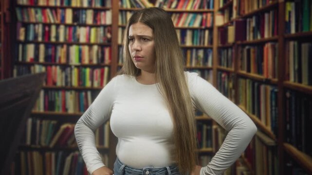 Woman young hispanic pressing her temples and grimacing with hands on hips among tall bookshelves in a public library building lined with books; stress discomfort.