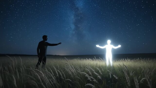 Silhouette reaching for glowing ethereal being under starry night sky