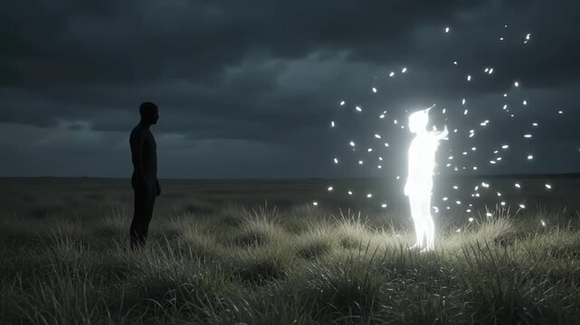 Ethereal energy transfer between two human silhouettes in dark field