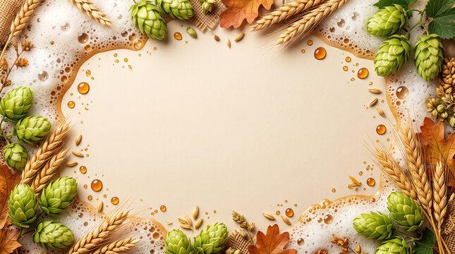 flat lay beer festival background frame with hops, wheat, foam, and autumn leaves