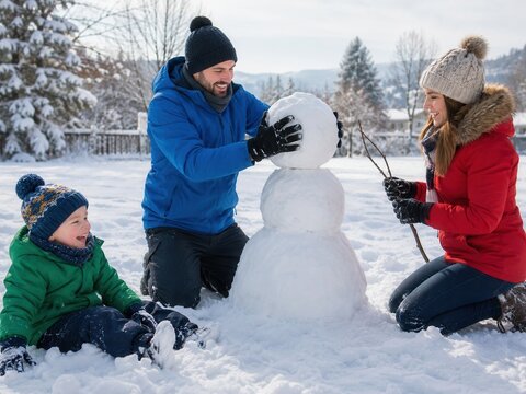 Familie baut gemeinsam einen Schneemann im hellen Wintergarten. Fr&ouml;hliches Motiv mit Eltern und Kind f&uuml;r Weihnachtszeit, Familienleben, Schnee, Spielen und winterliche Traditionen.