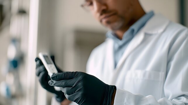 A person in a lab coat and gloves holds a digital thermometer  focused on reading the display in a clinical setting