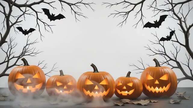 Spooky halloween pumpkins glowing with drifting smoke and flying bats