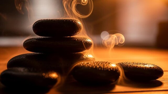 Hot Stones Stacked with Steam and Water Droplets for Spa Therapy