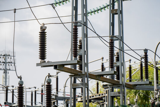 Power grid distribution switchyard equipped with porcelain post insulators high-voltage switchgear and steel framework structures