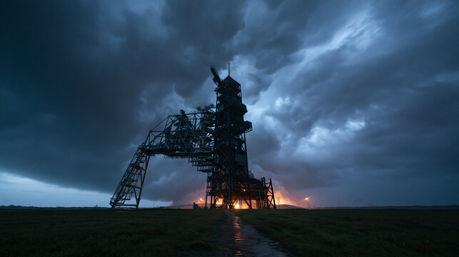 Rocket Launch Pad Silhouette Under Dramatic Stormy Sky