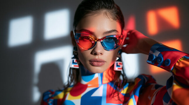 Stylish Woman Wearing Two-Tone Sunglasses and Geometric Outfit