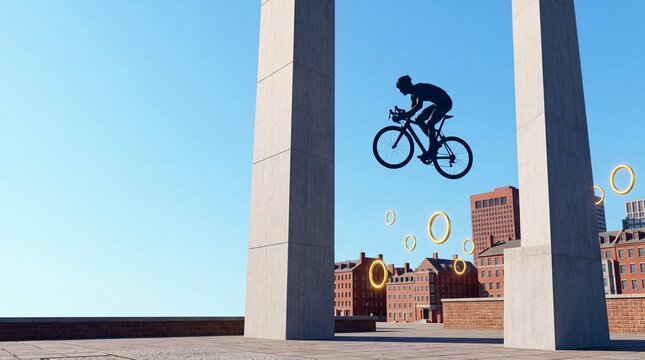 Cyclist Jumping Mid Air with Floating Game Rings in City
