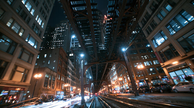 Low Angle View of Chicago Elevated Railway at Night