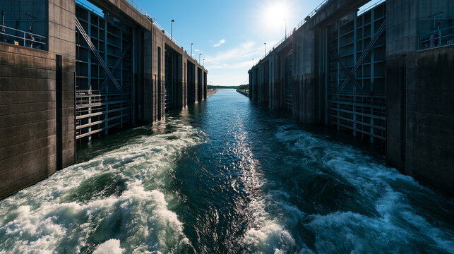 Water Rushing Through Massive Concrete Canal Lock Gates