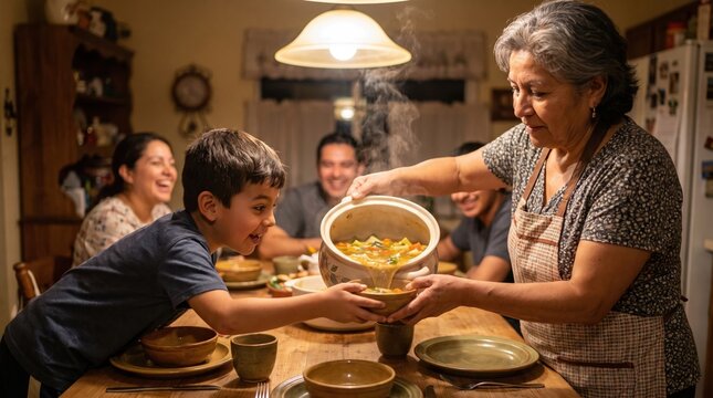 Grandmother pours hot soup for her grandson at a wooden table. The family shares a cozy meal, emphasizing presence and tradition. Perfect for family values or mindful eating articles.