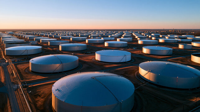 Aerial View of Large Oil Storage Tank Terminal at Sunset