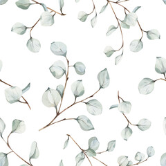 Watercolor seamless pattern with eucalyptus branches with green leaves. For elegant textile and wallpaper designs, cosmetics packaging, herbal cream, wedding. Illustration on white background. © Oksana