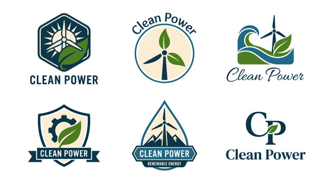 An array of professional logos and graphics centered around the clean power movement, visually representing sustainable energy sources, their benefits, and environmental consciousness.