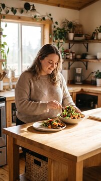 Woman mixes a fresh salad in a sunlit kitchen. This scene captures the essence of mindful eating and the joy of wholesome meals. Perfect for wellness blogs or healthy lifestyle campaigns.
