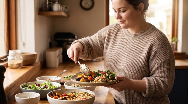 A young woman serves a colorful salad bowl in a bright kitchen. This scene captures mindful eating, slow living, and a peaceful morning ritual. Perfect for wellness and lifestyle content.